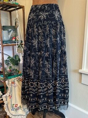 Boho Fairycore Black + Cream Floral Sequin Ankle Length Skirt by Good Clothes